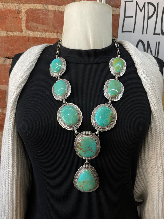 26"+4.5" 8 Stone Turquoise Lariat Necklace by Gilbert Platero, Navajo