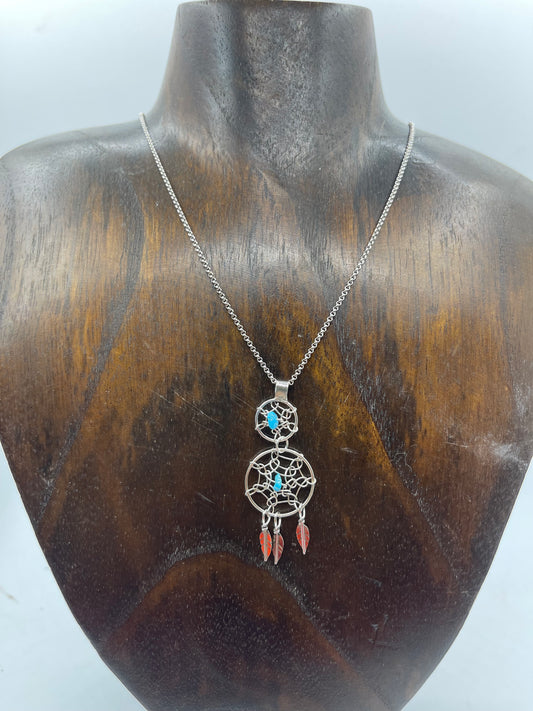 Double Turquoise Dream Catcher Necklace by Lorenzo Arviso Jr, Navajo