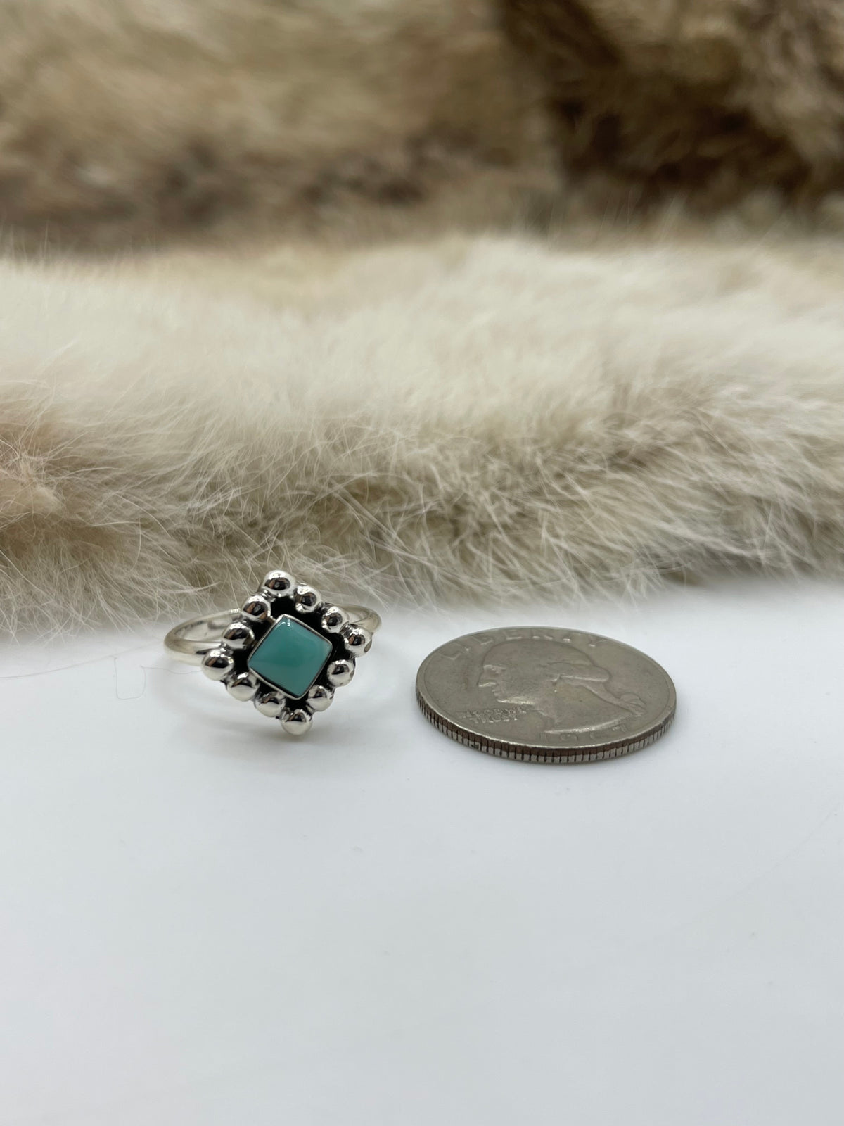 8.0 Turquoise Square Ring with Silver Dot Border by Myra Benally, Navajo