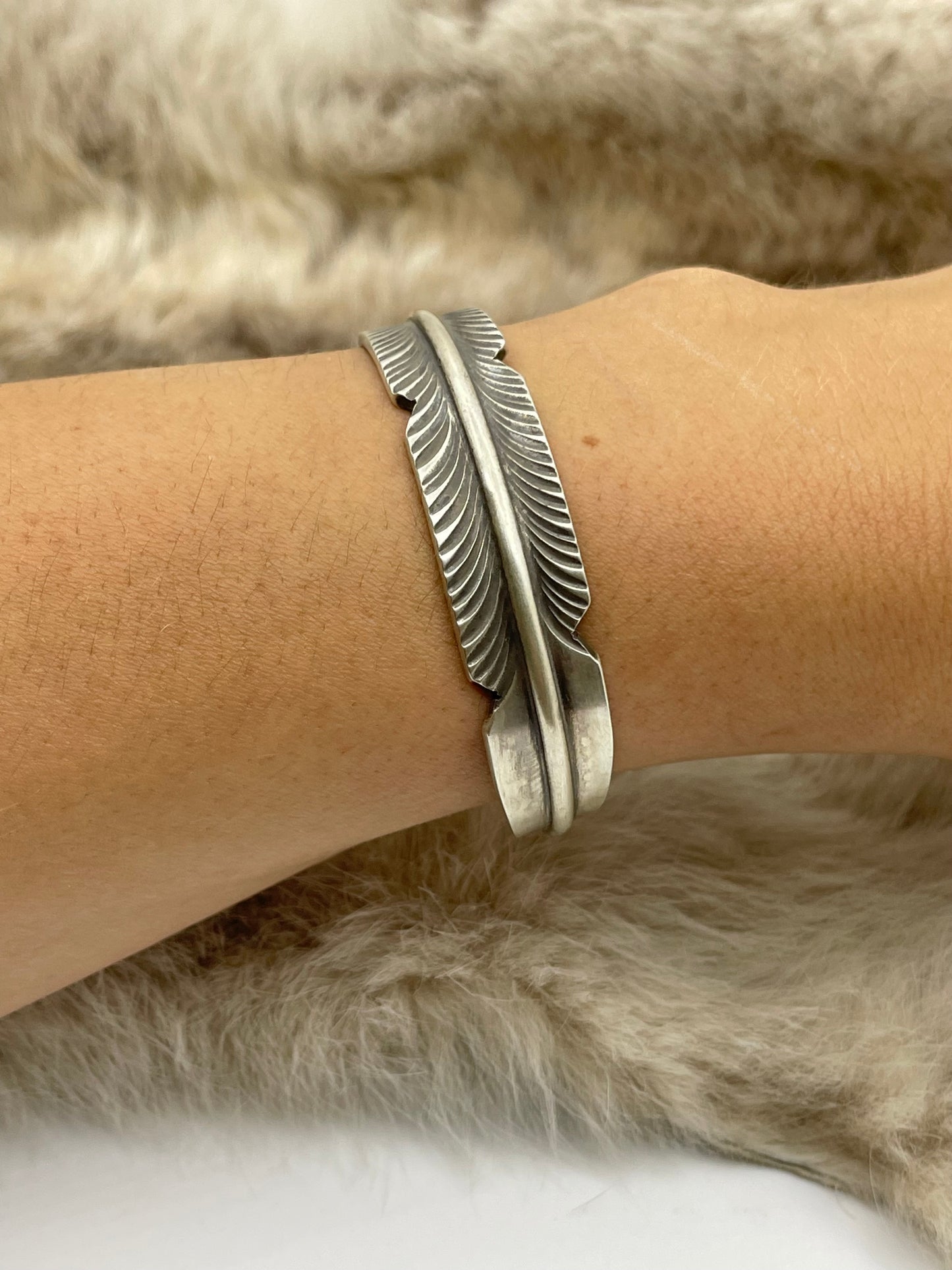 6”-6.5” Silver Feather Cuff by Chris Charley, Navajo