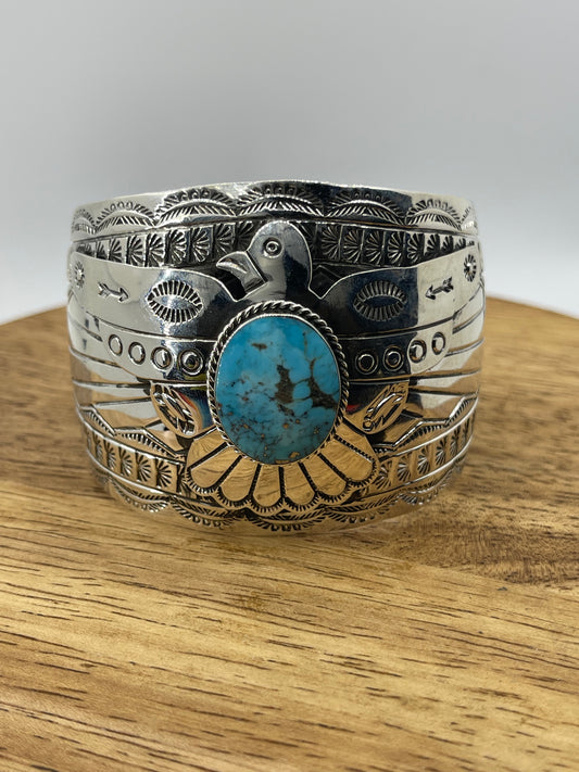 Thunderbird Cuff w/Turquoise by Evelyn BaHe, Navajo
