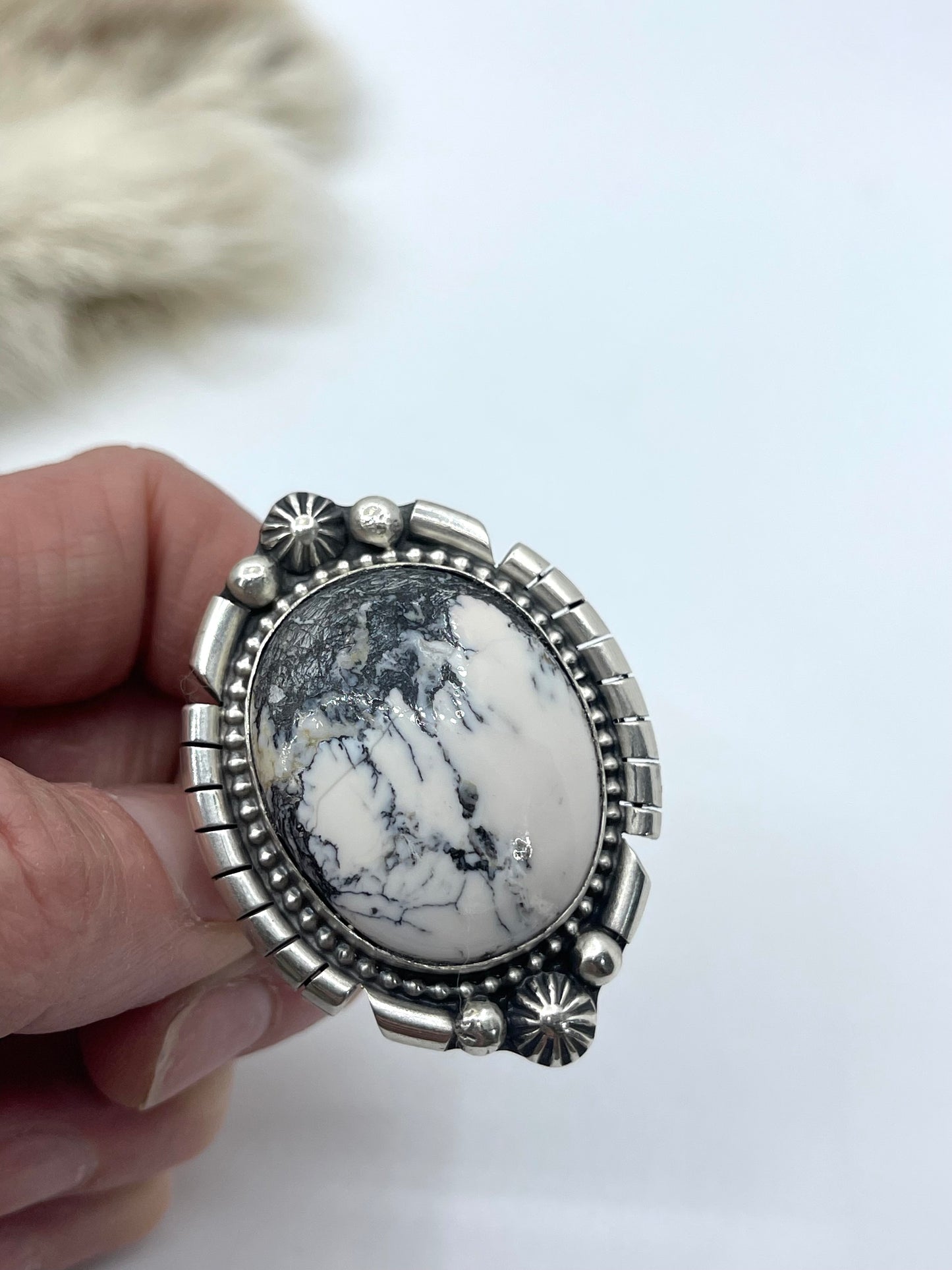 Adjustable 7.0-11.0 White Buffalo Ring by Ricardo Jurado, Mexican