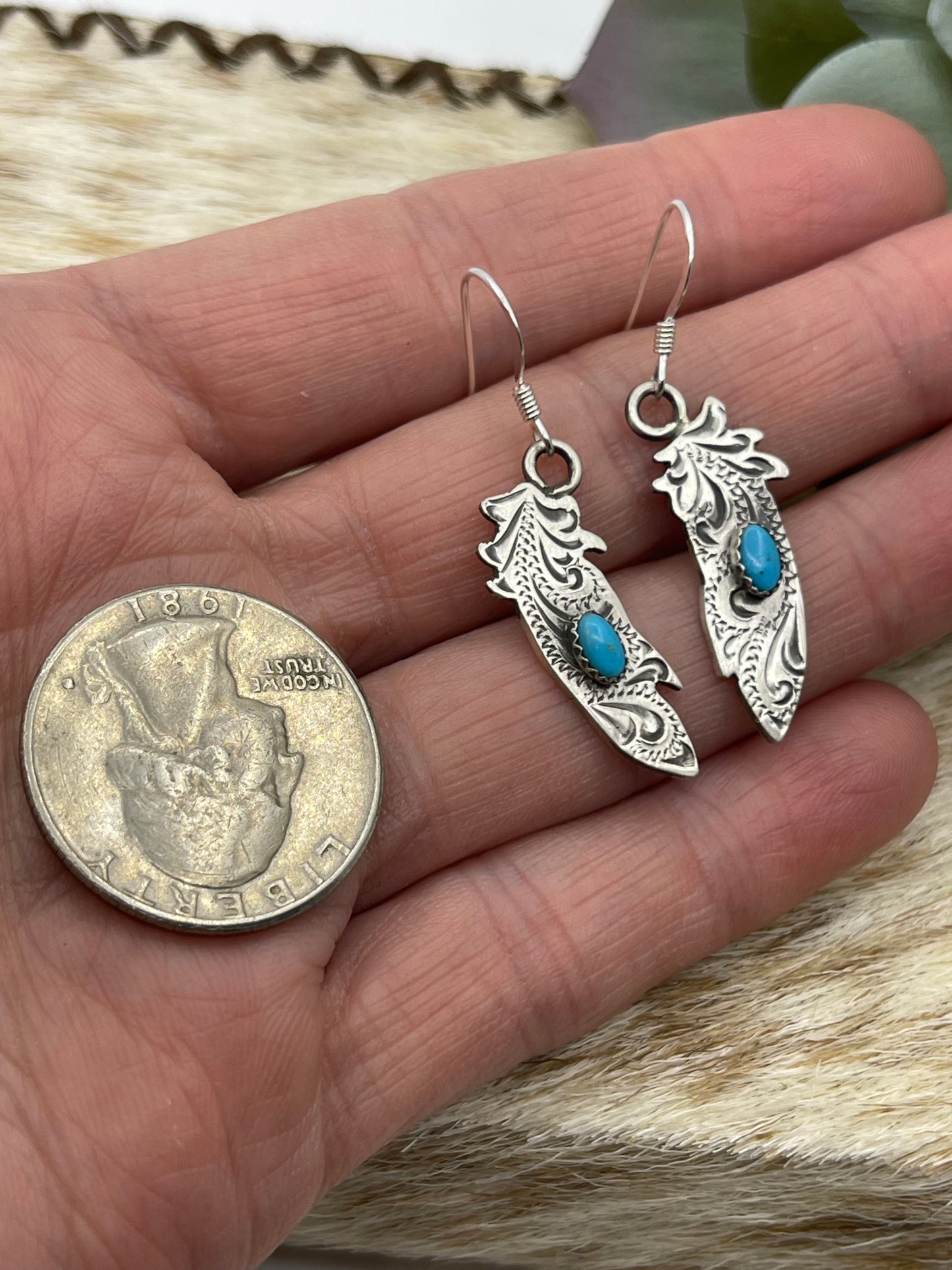 Engraved Feather with Turquoise Earrings by Sonyei Coho, Navajo