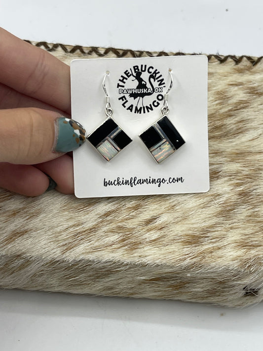 Black Onyx and White Opal Inlay Dangle Earrings by James Manygoats, Navajo