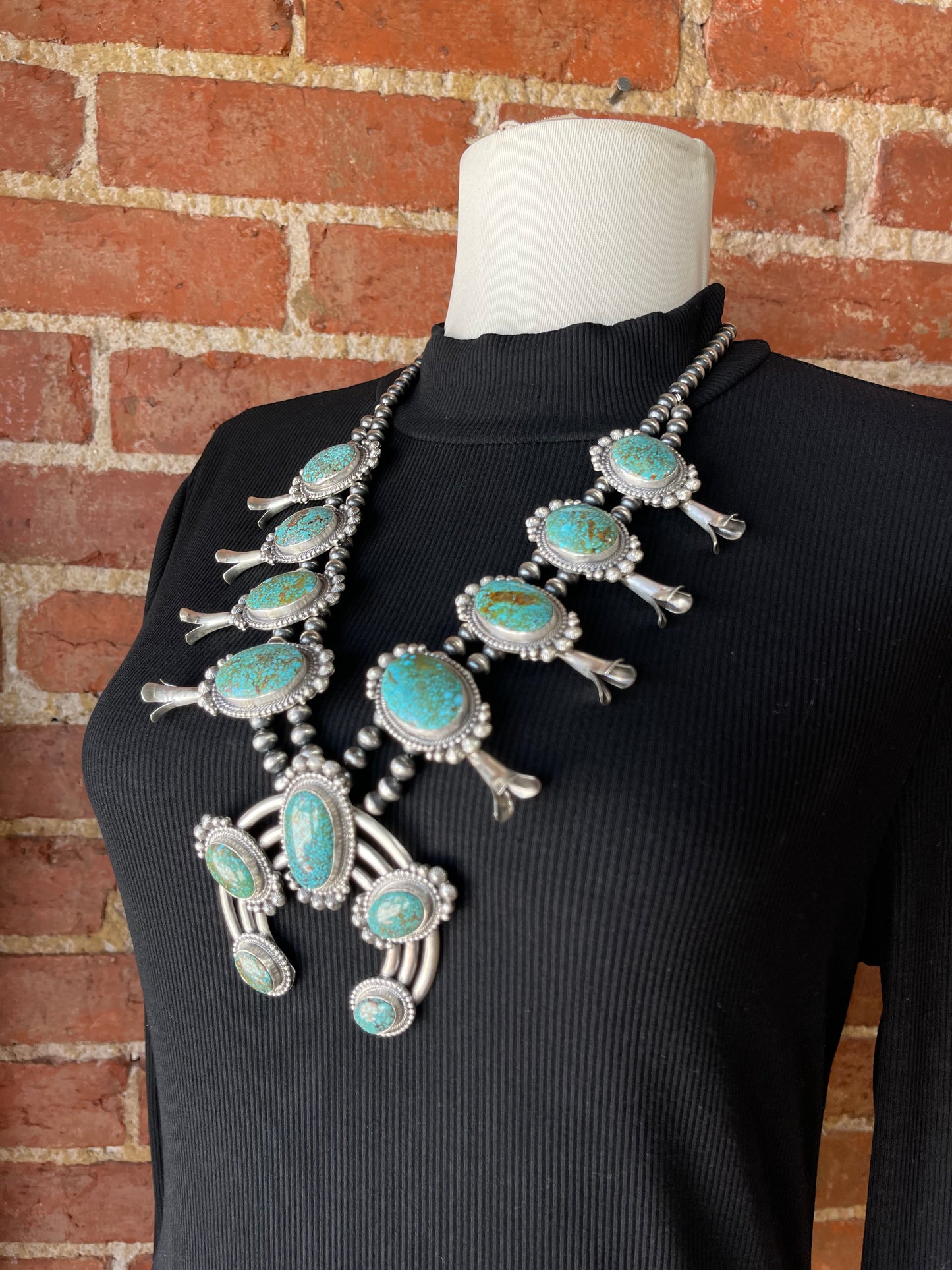 24" High Grade Kingman Web Turquoise Squash Blossom Necklace by Tom Lewis, Navajo