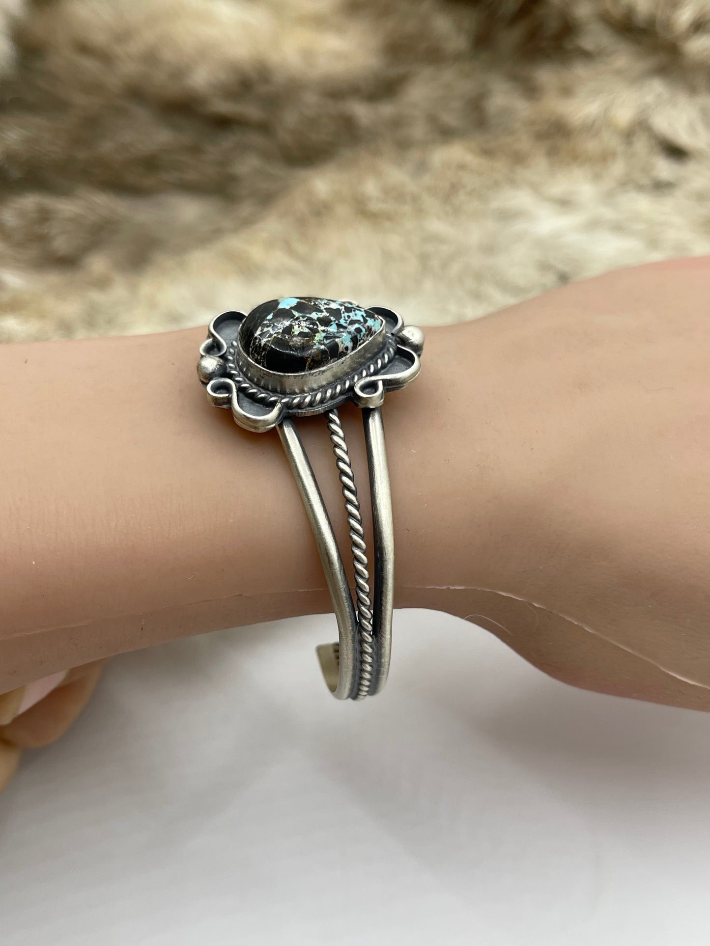 5.5”-7.25” Blackjack Turquoise Cuff by Thompson Piaso, Navajo