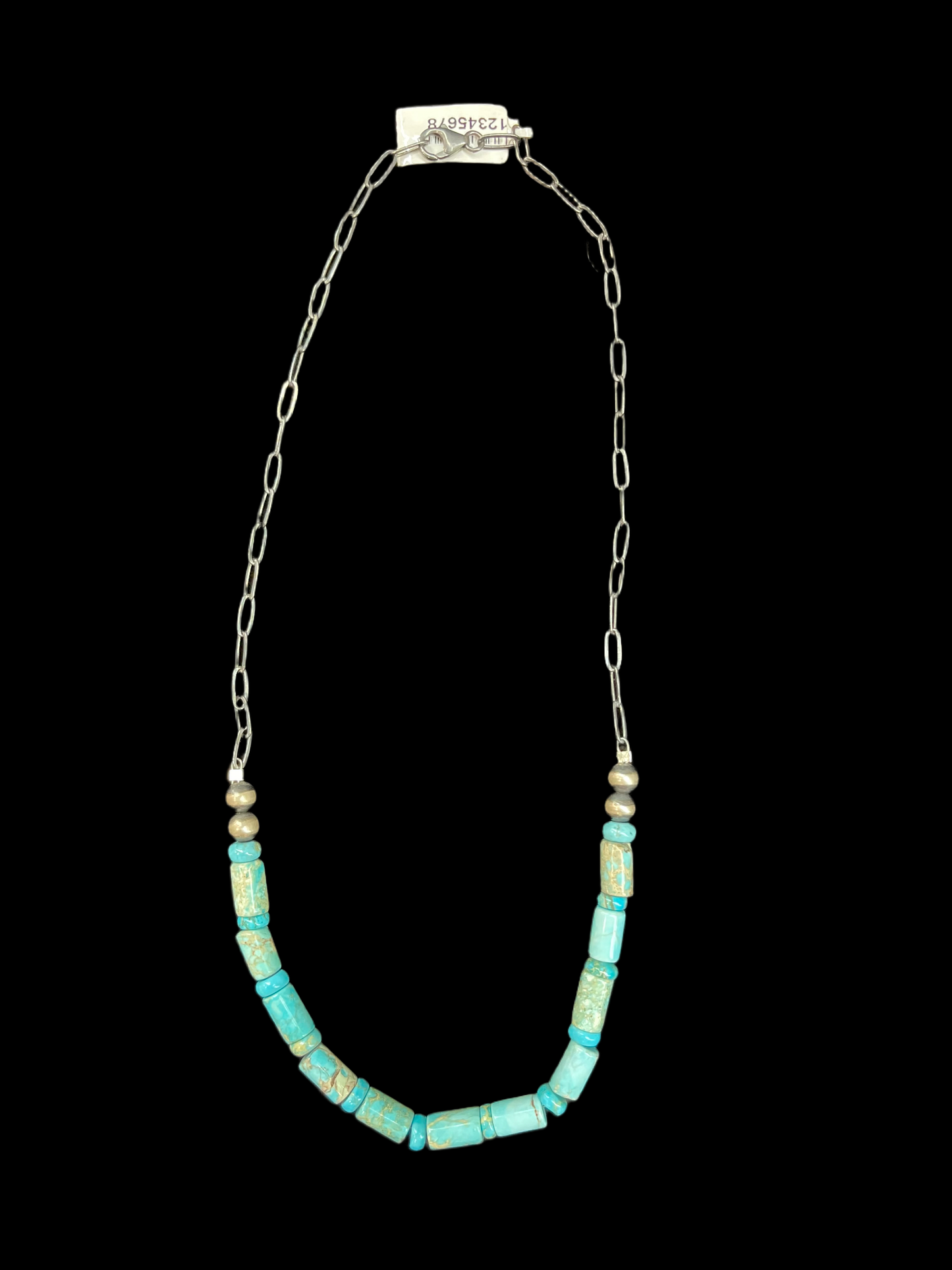 18" Turquoise Barrel Beads and Navajo Style Pearl Necklace