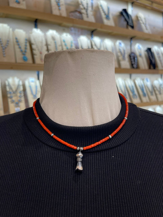 16" Red Coral Necklace with Blossom Pendant