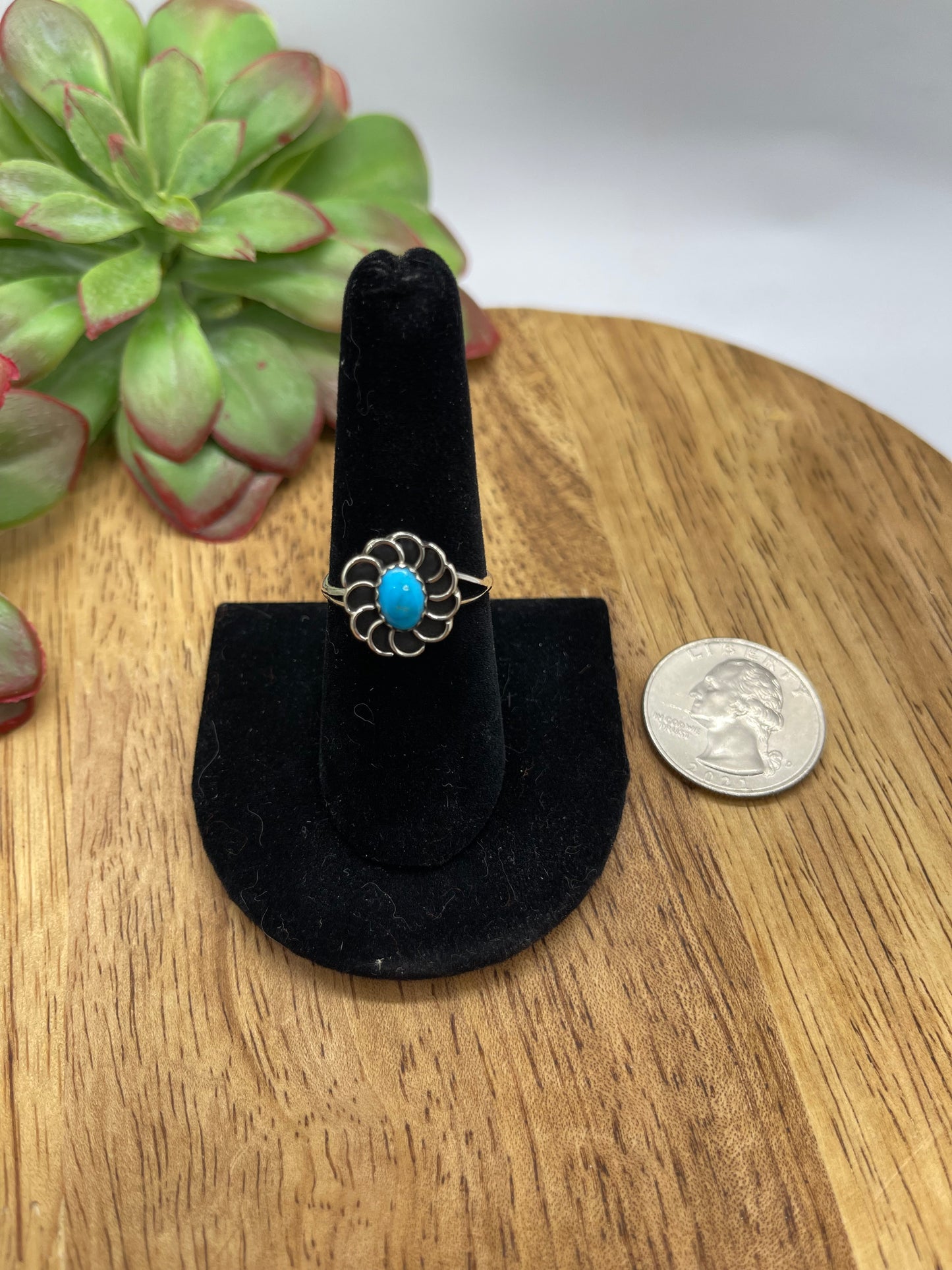 7.0 Sleeping Beauty Turquoise Flower Ring by Sadie Jim, Navajo