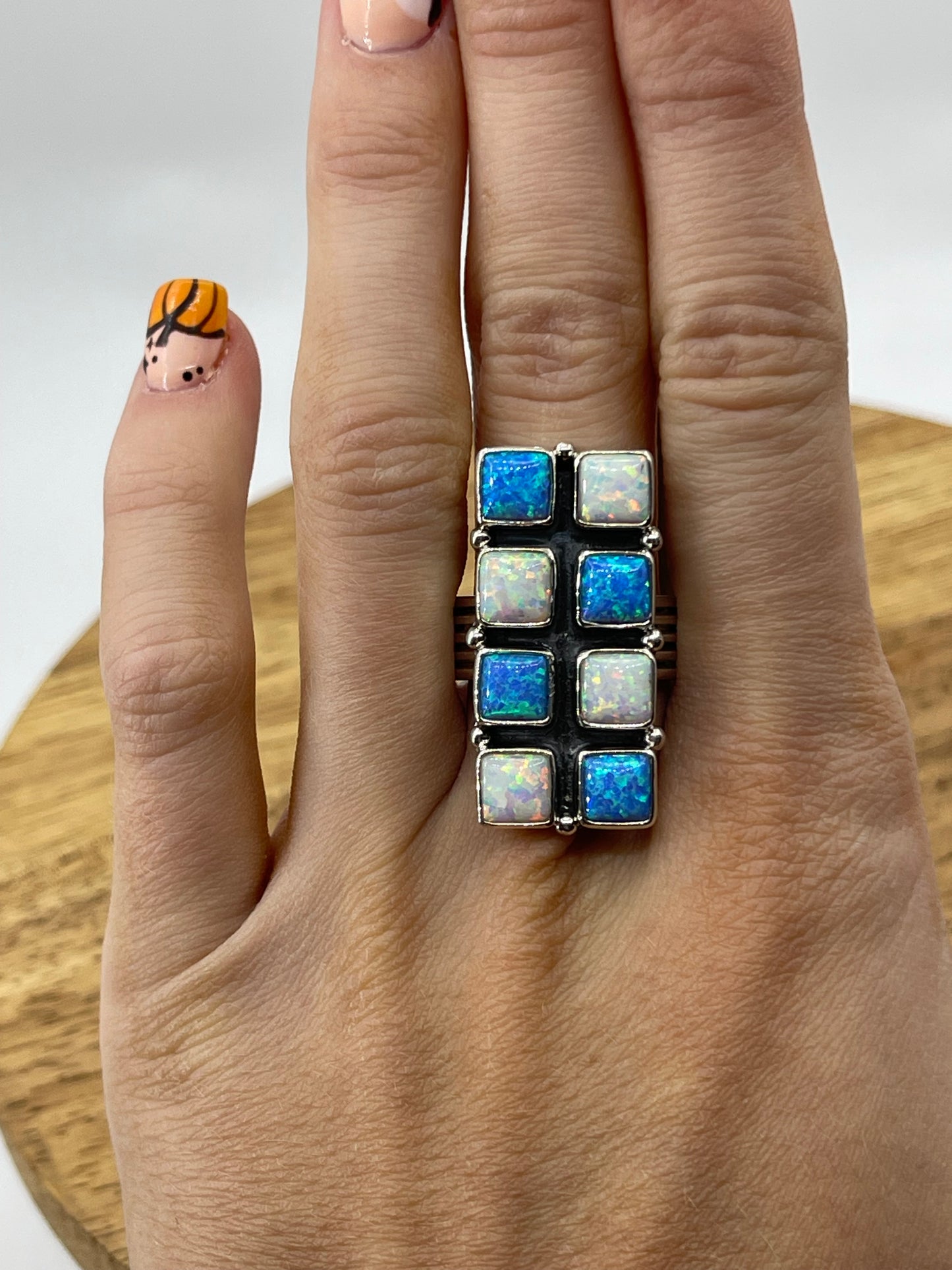 White And Blue Checkered Opal Ring