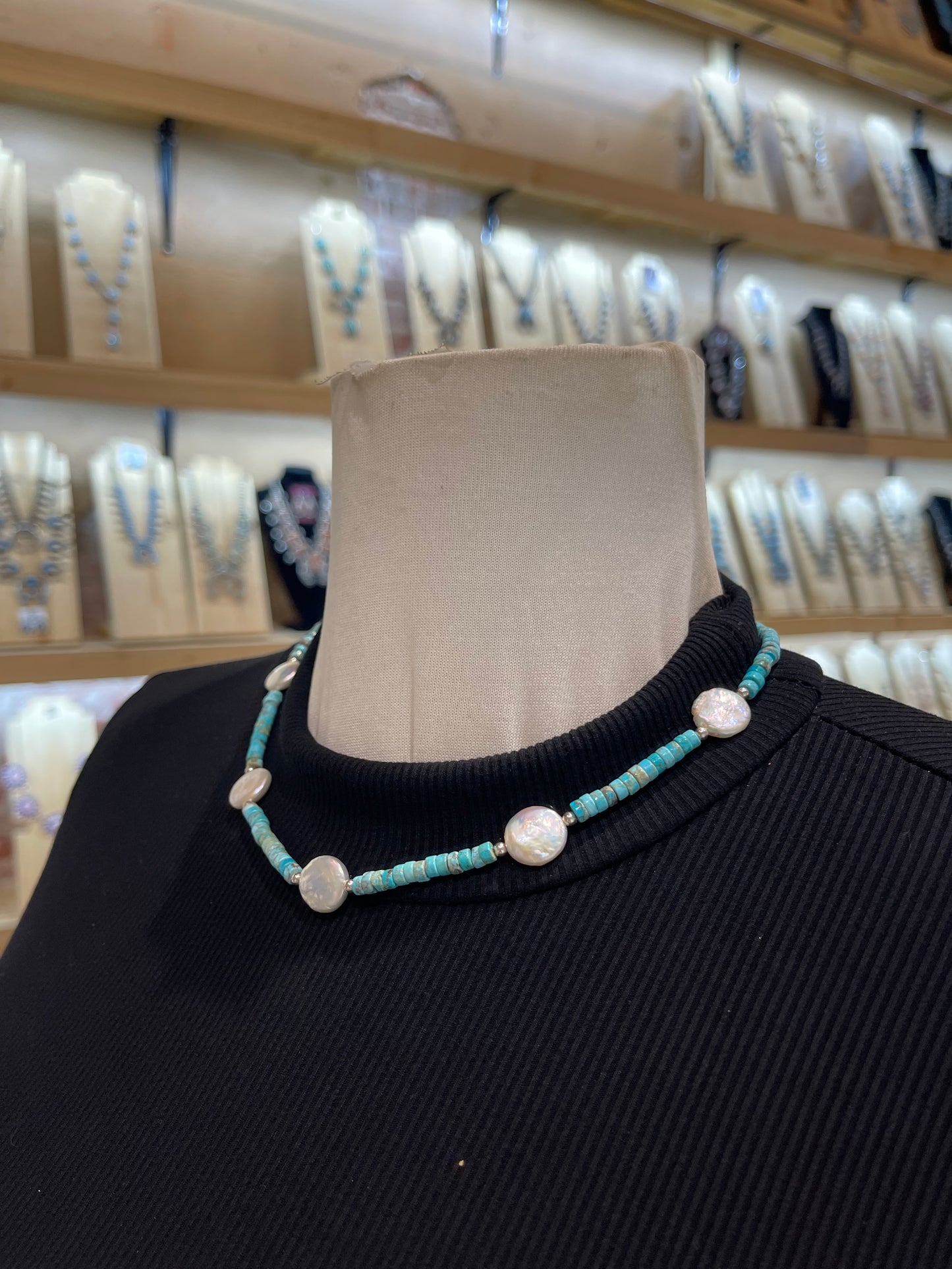 18" Turquoise Heishi with Fresh Water Pearls Necklace