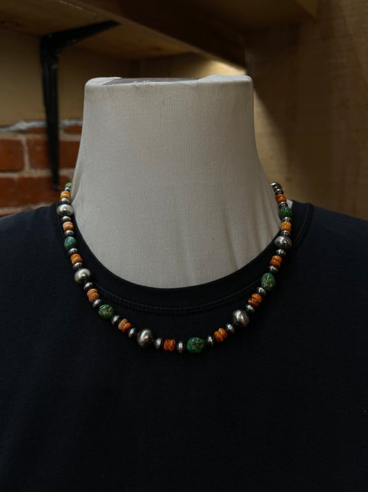 20" 6mm-10mm Navajo Pearl, Spiny Oyster, and Sonoran Gold Turquoise Necklace