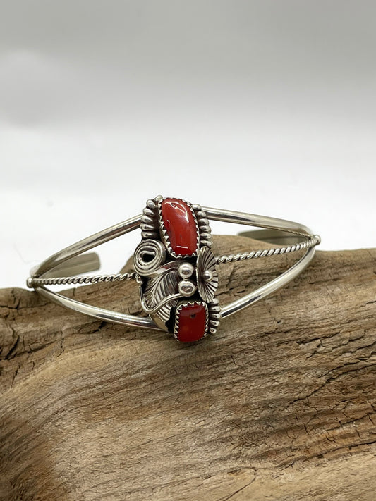 5.5"- 7" Red Coral Cuff by Max Calladitto, Navajo