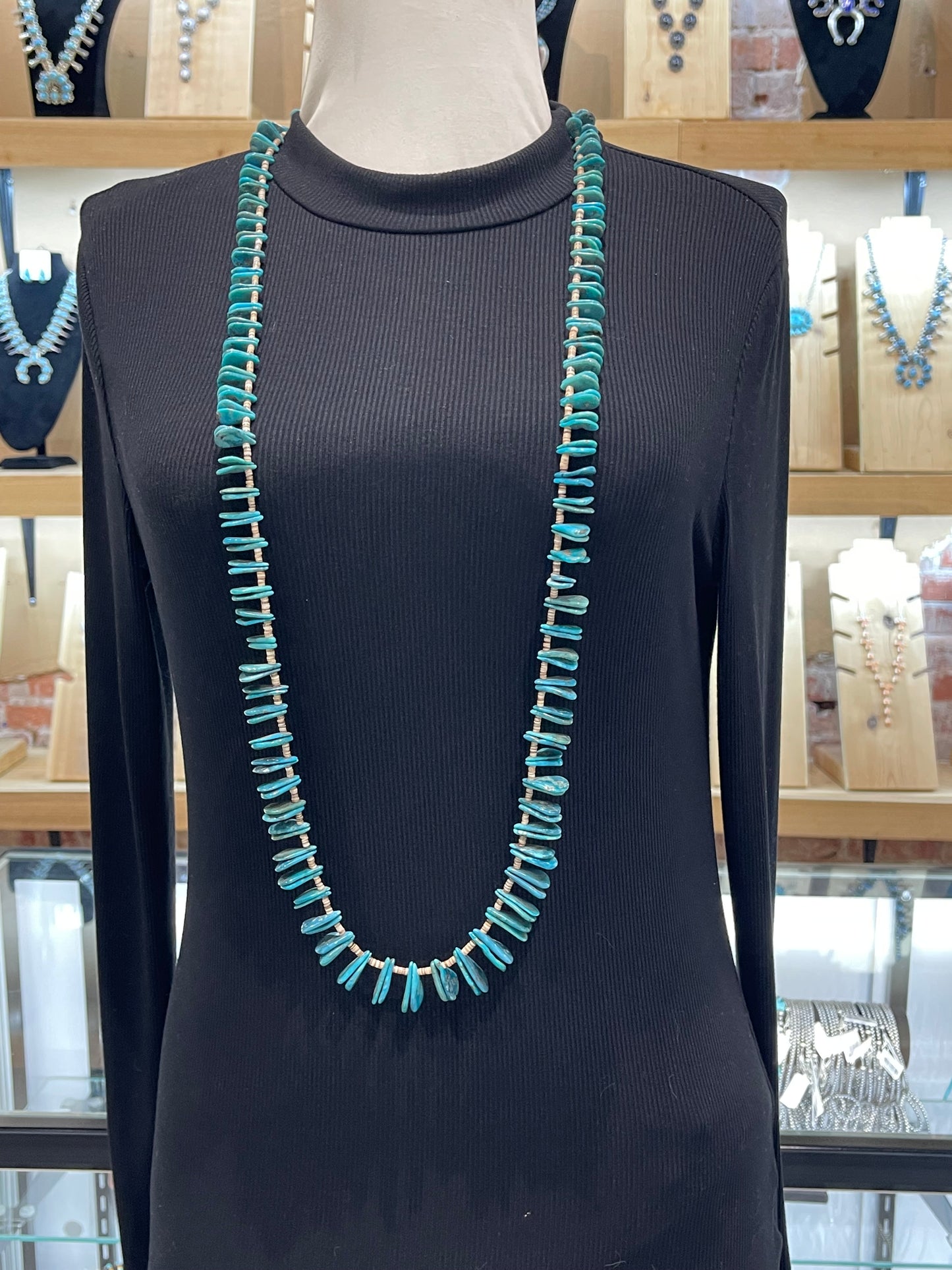 40" Kingman Turquoise Teardrop Slabs & Melon Shell Necklace