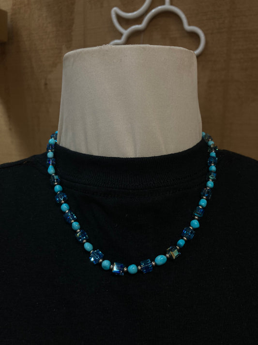 18" 3mm Navajo Pearls, Swarovski Crystal, and Sleeping Beauty Turquoise Necklace