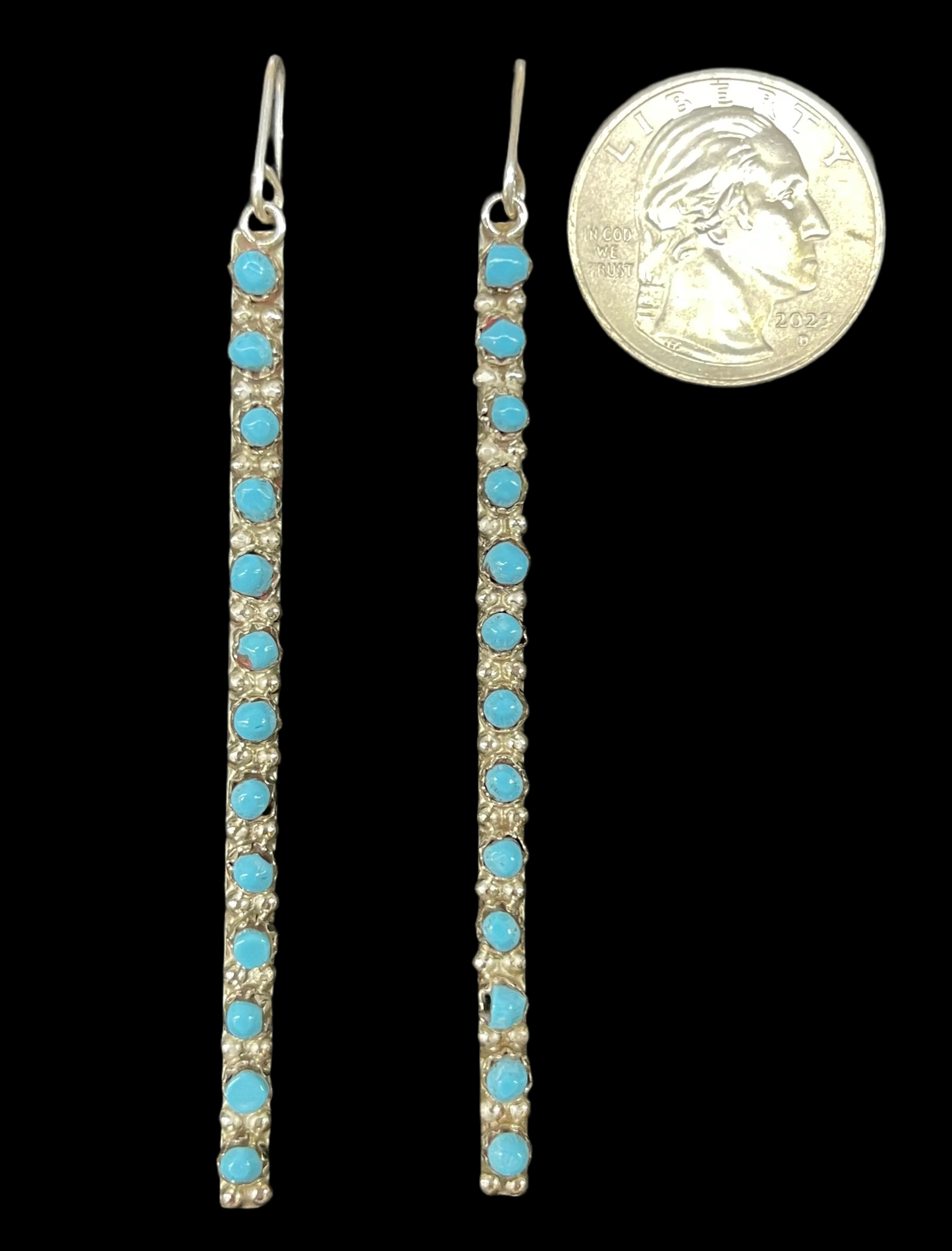 Sleeping Beauty Turquoise Long Dangles by Anderson Walkaniwa, Zuni