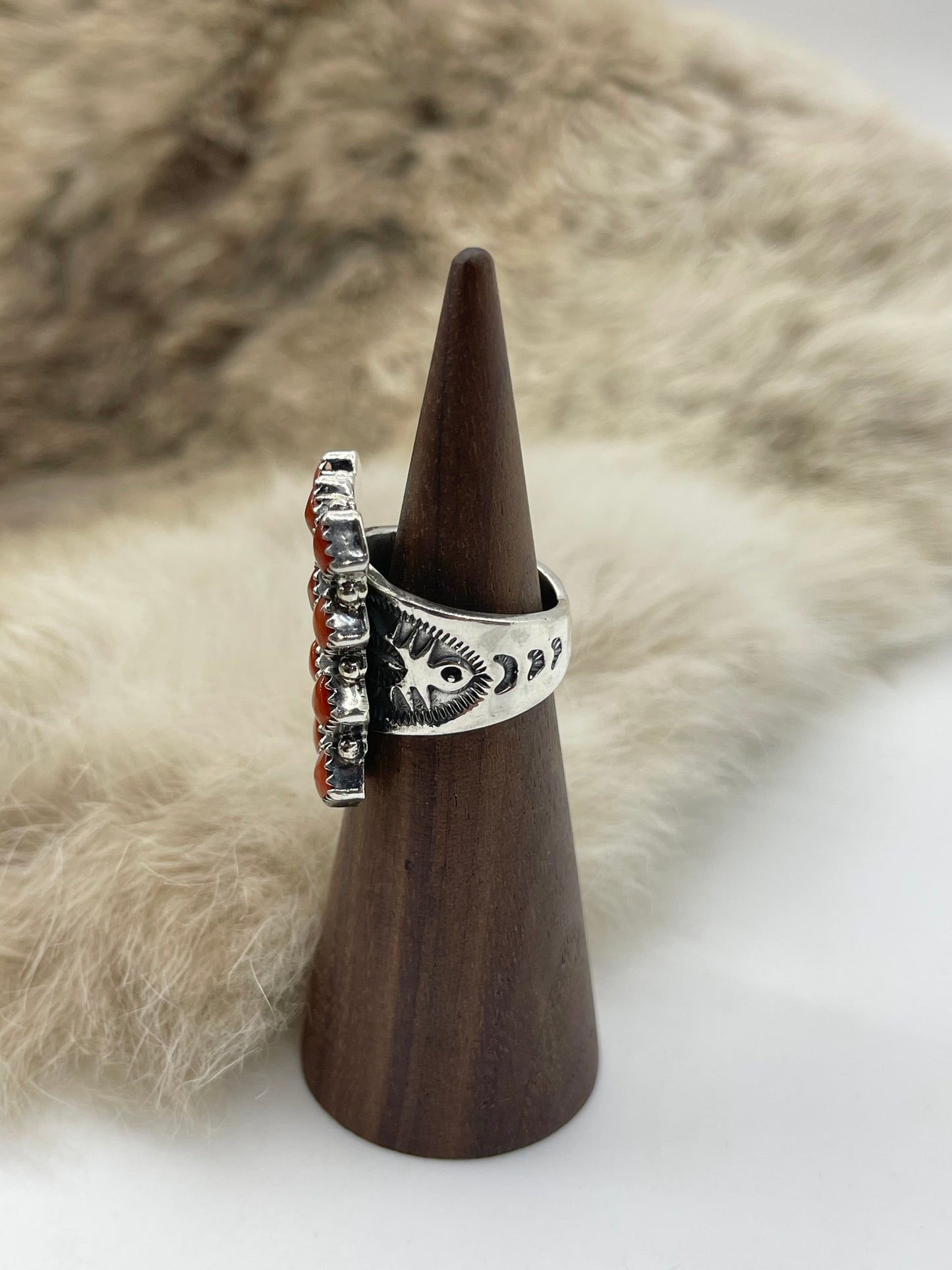 5.0 Red Coral 12 Stone Ring by Verley Betone, Navajo