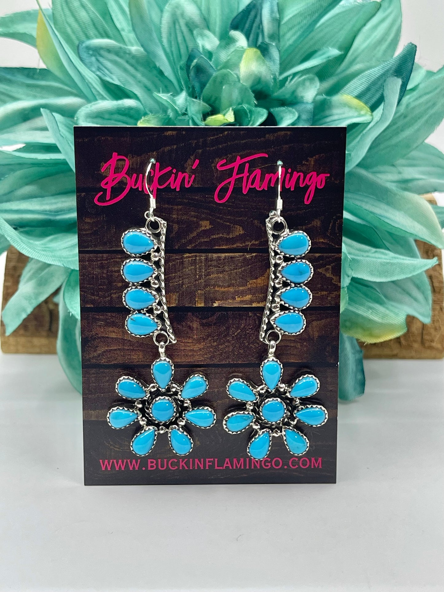 Sleeping Beauty Turquoise with Flower Dangle Earrings by Evangeline Perry, Navajo
