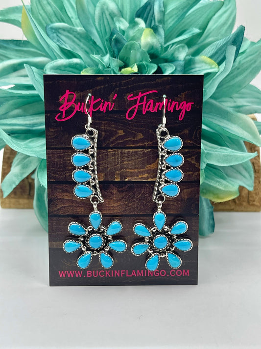 Sleeping Beauty Turquoise with Flower Dangle Earrings by Evangeline Perry, Navajo