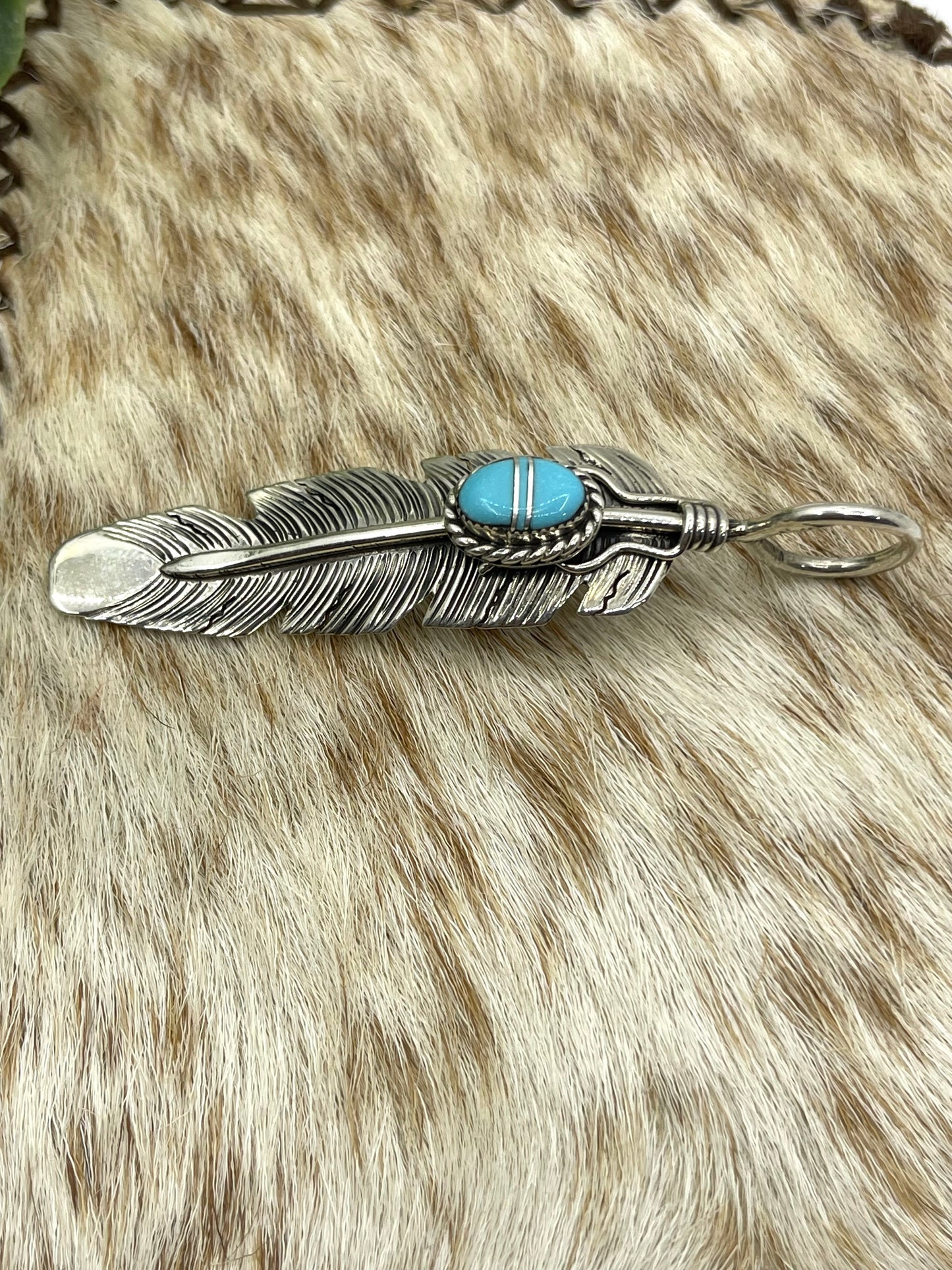 Feather Pendant with Inlay Turquoise Pendant by Charlene Yazzie, Navajo