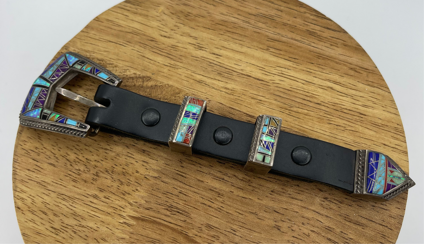 Vintage 4 Piece Opal Inlay Buckle Set, Zuni Made