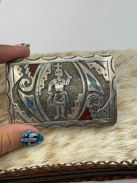 Red Coral and Turquoise Chip Inlay Belt Buckle by Ray Begay, Navajo