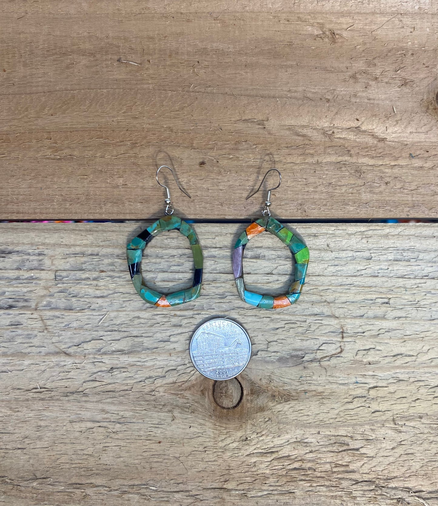 Paper Thin Inlay Lapidary Round Dangle Earrings by Charles Bird