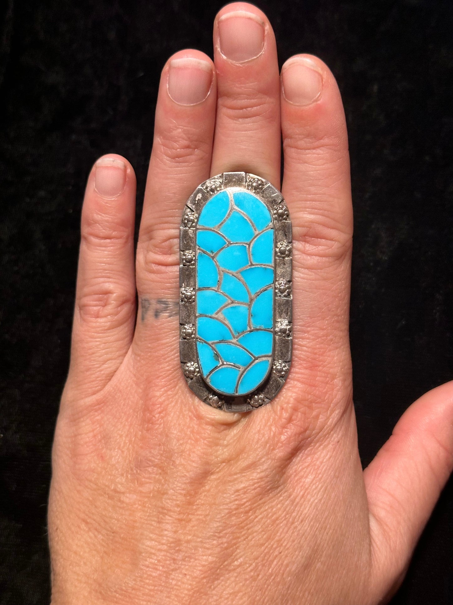 Size 10.0 Fish Scale Inlay Ring by Carmichael Haloo, Zuni Made