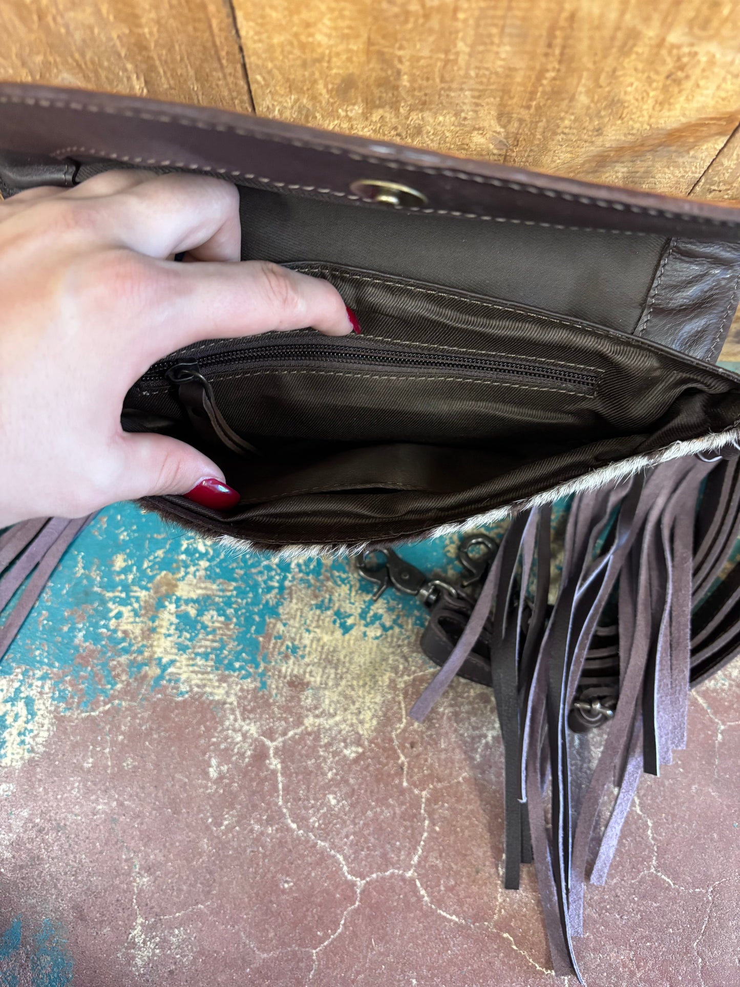 Brown and White Cowhide Tooled Fringed Leather Purse
