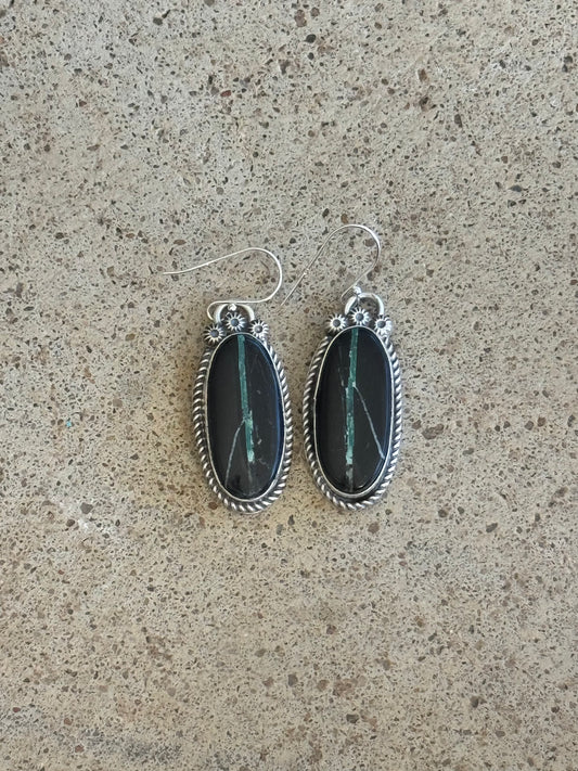 Black Buffalo Turquoise Hook Earrings by Boyd J. Ashley, Navajo