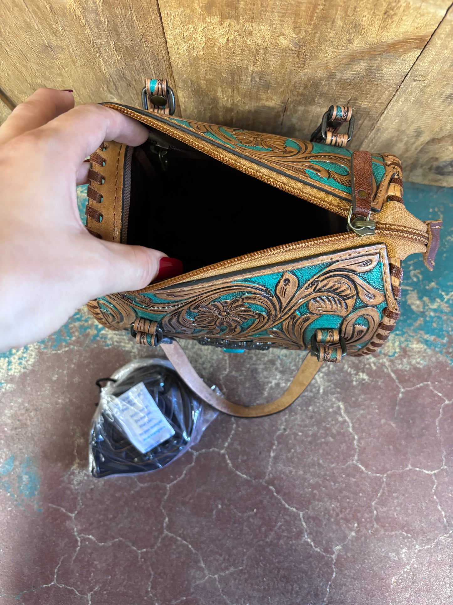 Mini Tan And Turquoise Flower Tooled Turquoise Stone Crossbody Leather Speedy Bag Purse