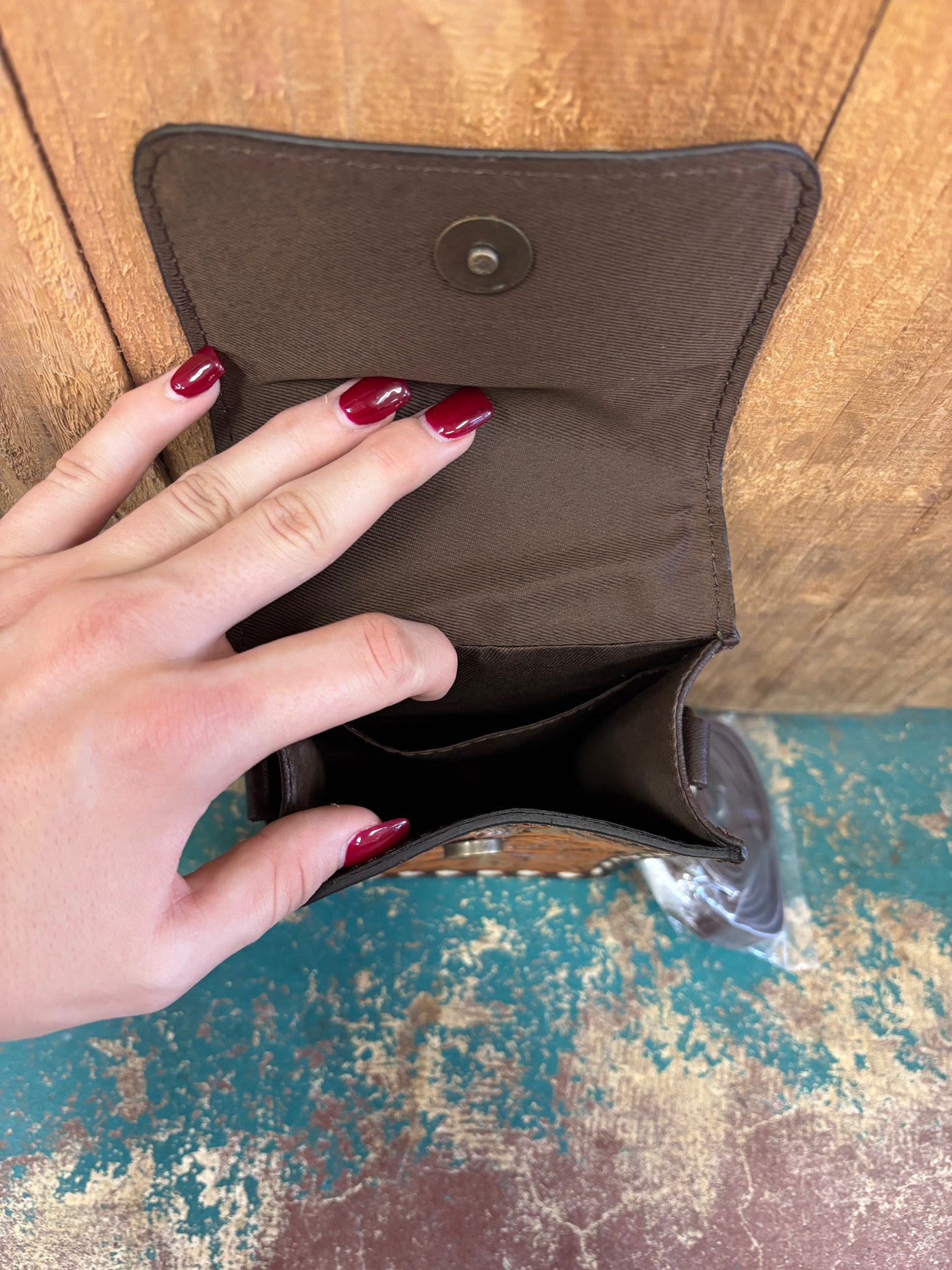 Mini Rectangular Cowhide Flower Tooled Leather Purse