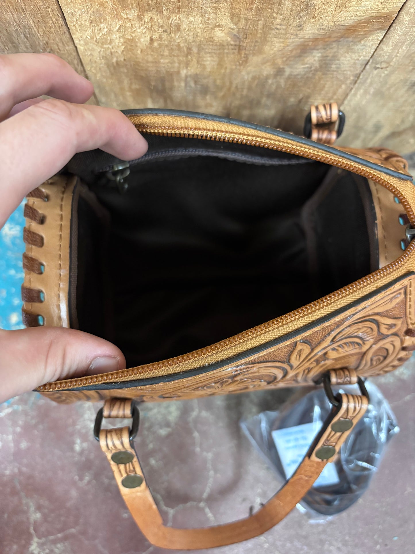 Mini Tan Flower Tooled Leather Crossbody Speedy Bag Purse