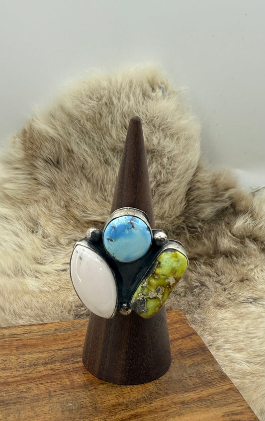 9.0 Golden Hills Turquoise, White Buffalo and Palomino Turquoise Ring by Delbert Secatero, Navajo