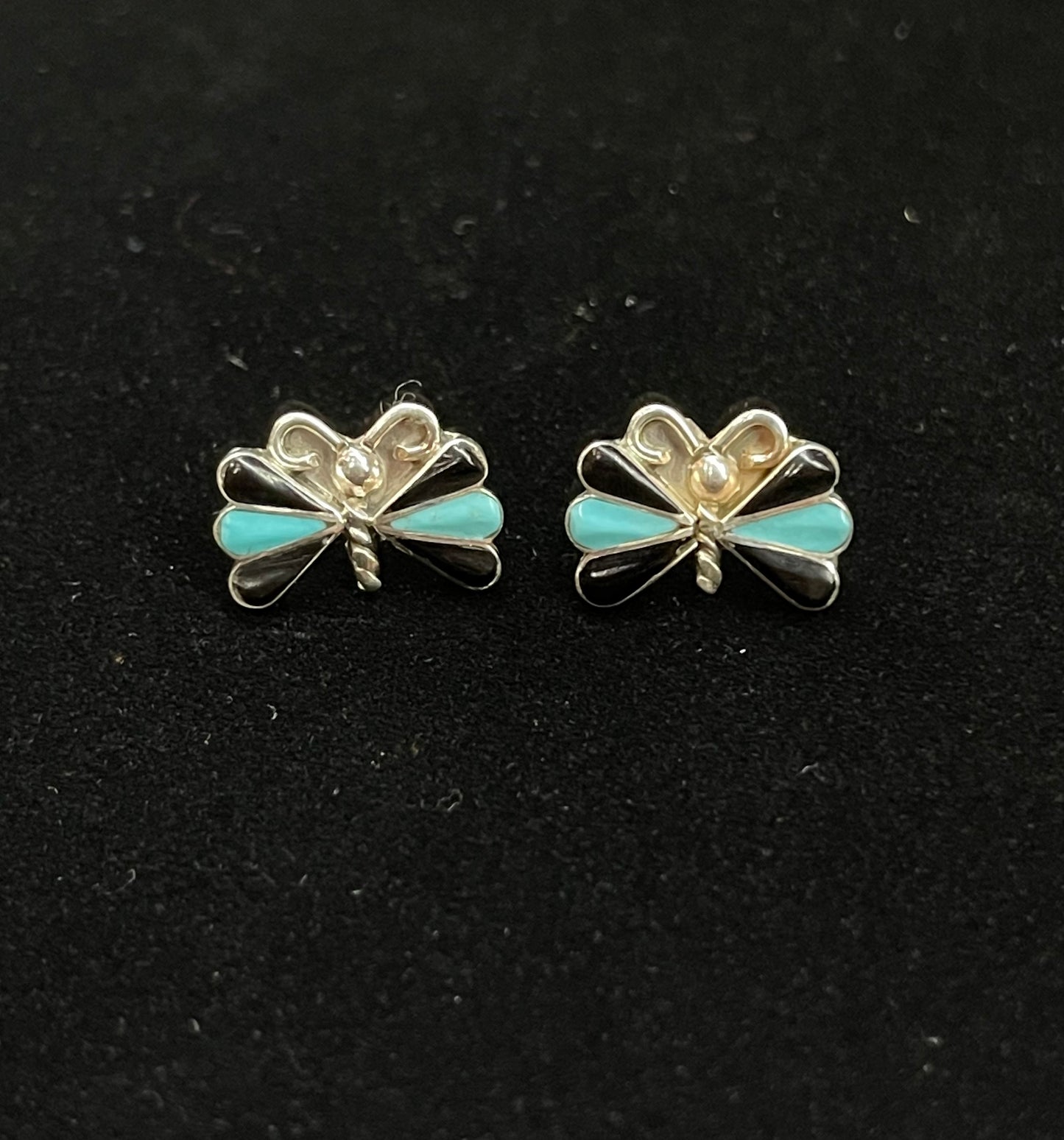 Turquoise and Black Onyx Inlay Butterfly Post Earrings by Ken Yatsatie, Zuni