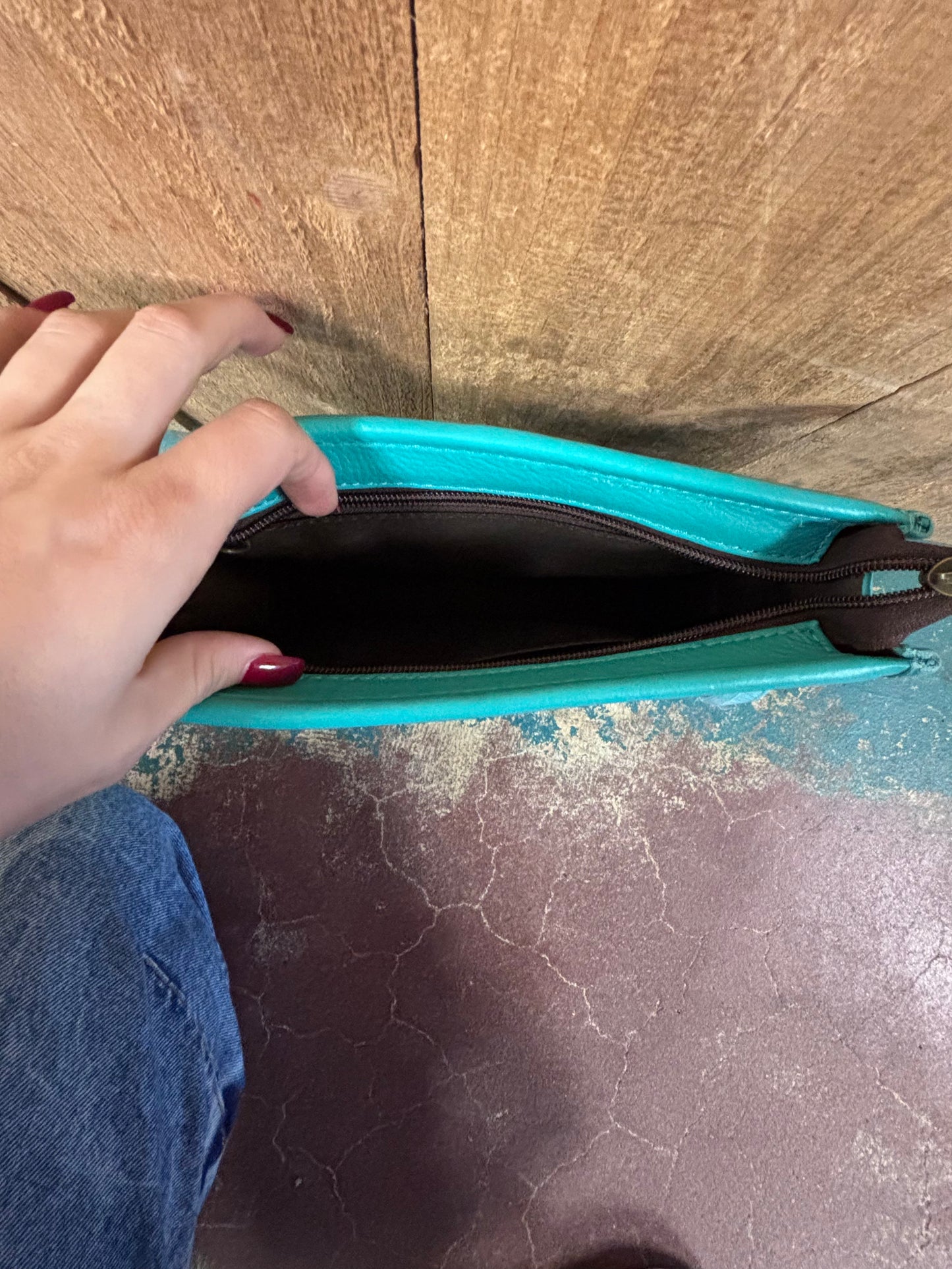 Turquoise Tooled Grey Cowhide Leather Purse