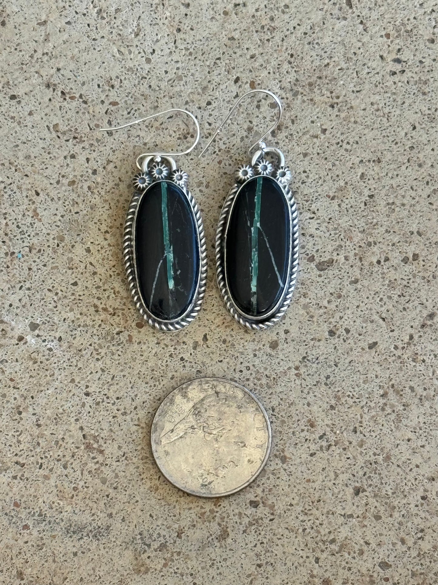 Black Buffalo Turquoise Hook Earrings by Boyd J. Ashley, Navajo