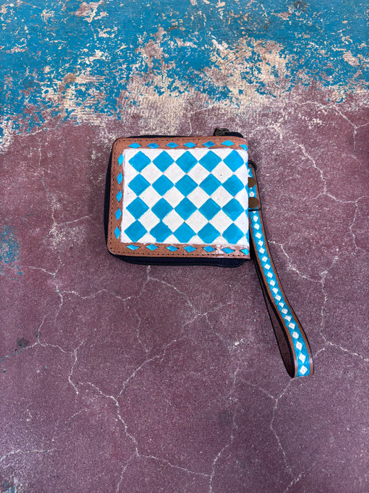 Turquoise and White Checkered Leather Wristlet/Wallet