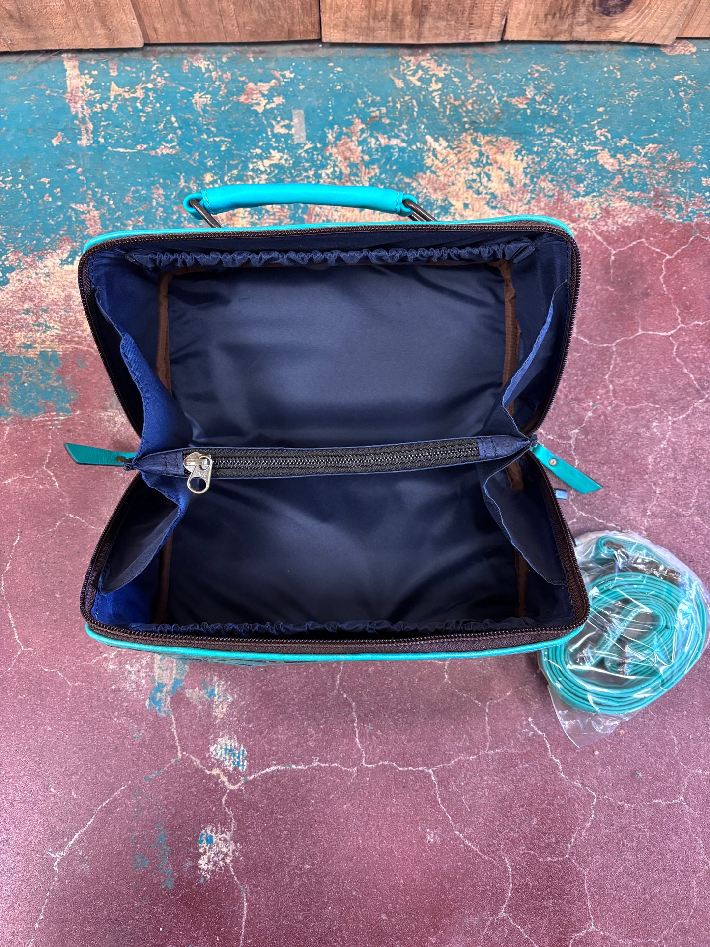 Rectangular Turquoise Leather Tooled Make Up Bag/Travel Case