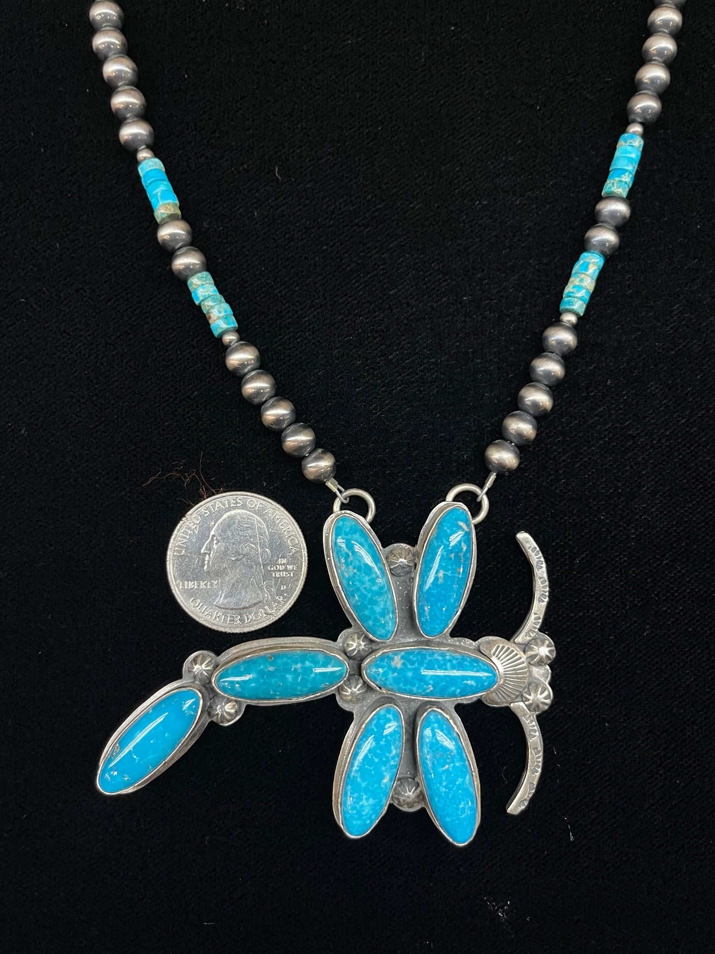 20" Turquoise Heishi Beads and 6mm Navajo Pearls with Dragonfly Pendant
