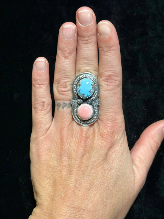 10.5 Pink Conch Shell and Golden Hills Turquoise Multi-stone Ring by Boyd Ashley, Navajo Made