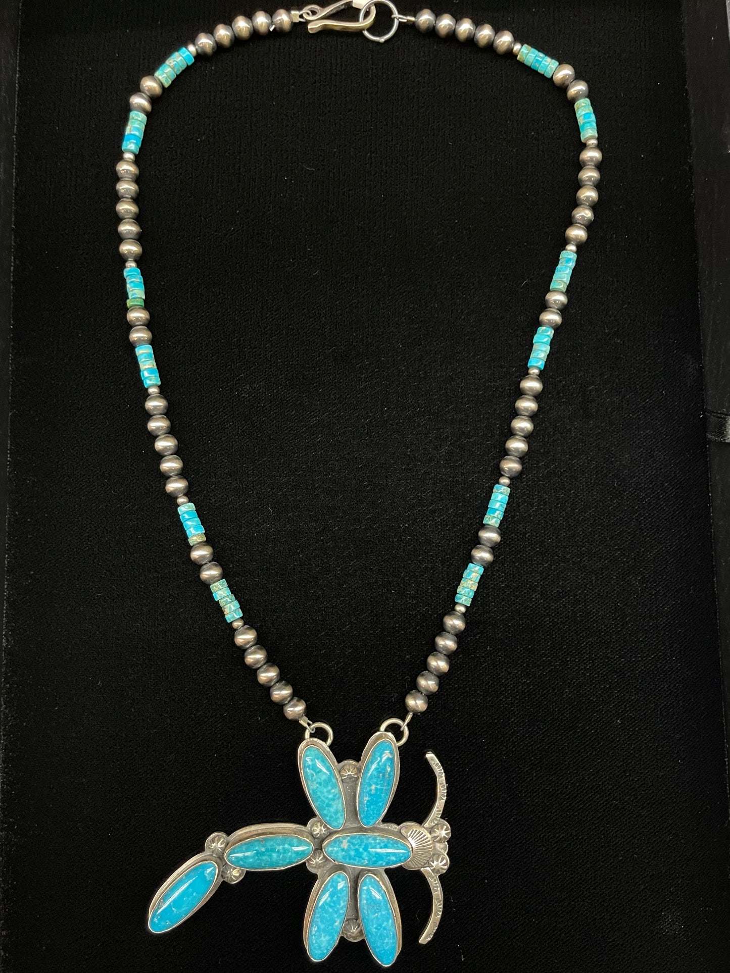 20" Turquoise Heishi Beads and 6mm Navajo Pearls with Dragonfly Pendant