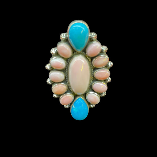 Pink Conch Shell And Sleeping Beauty Turquoise Ring By Zia