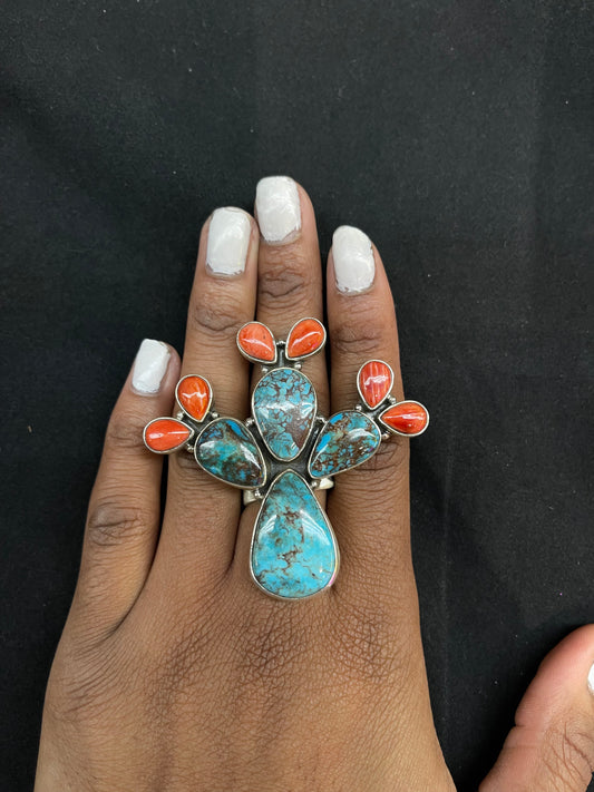Natural Turquoise & Spiny Oyster Adjustable Cactus Ring