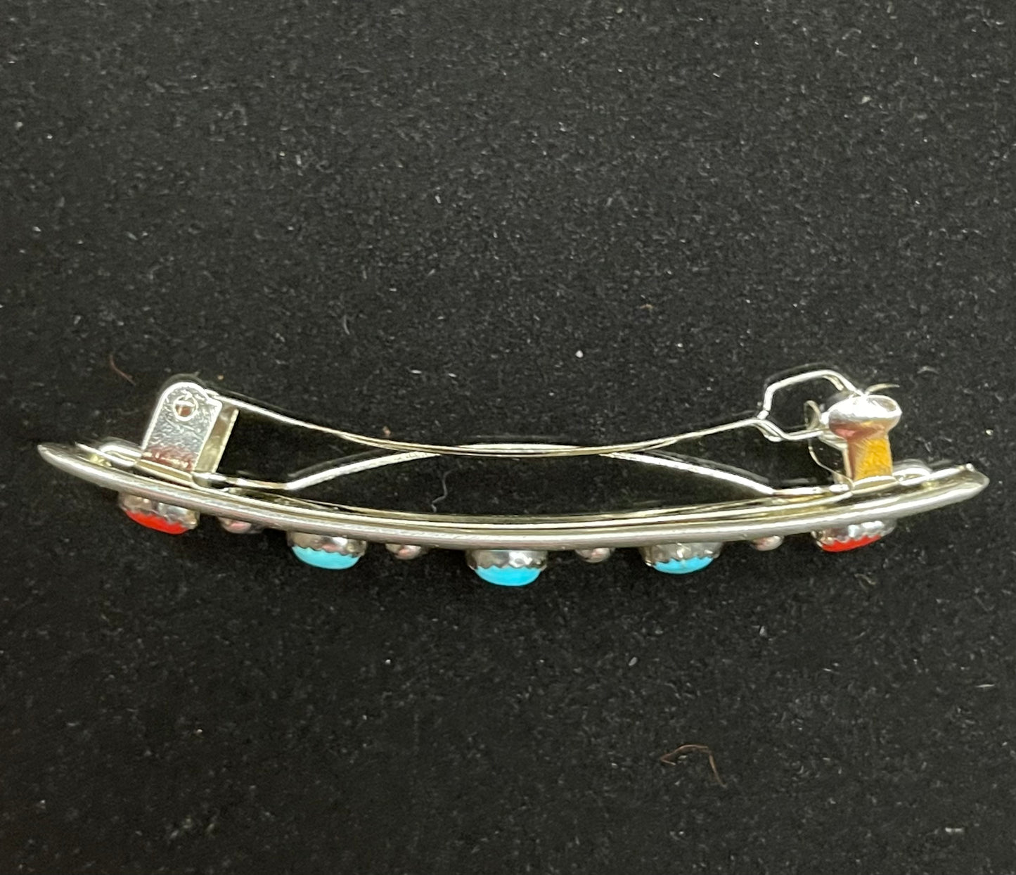 Sterling Silver Hair Barrette with Turquoise and Red Coral Stones by Paul Largo, Navajo