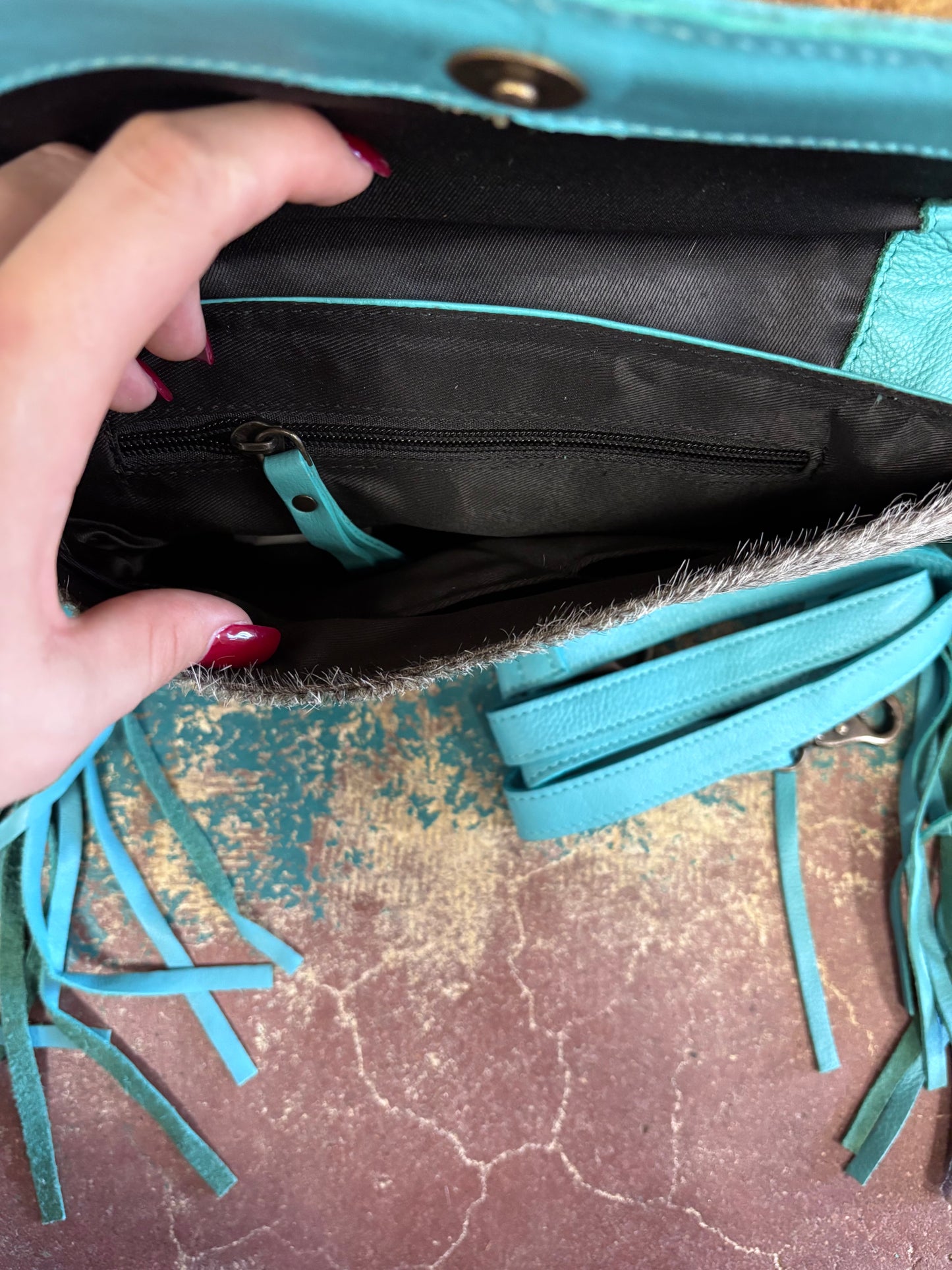 Grey Cowhide Turquoise Tooled Fringed Leather Purse