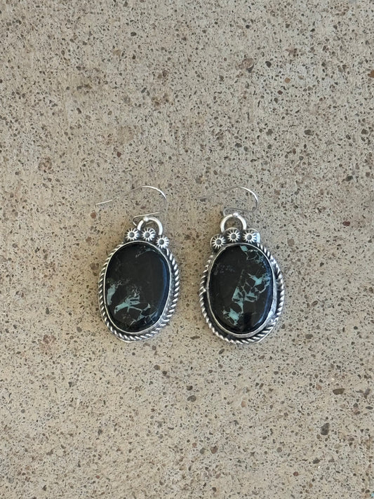 Black Buffalo Turquoise Hook Earrings by Boyd J. Ashley, Navajo