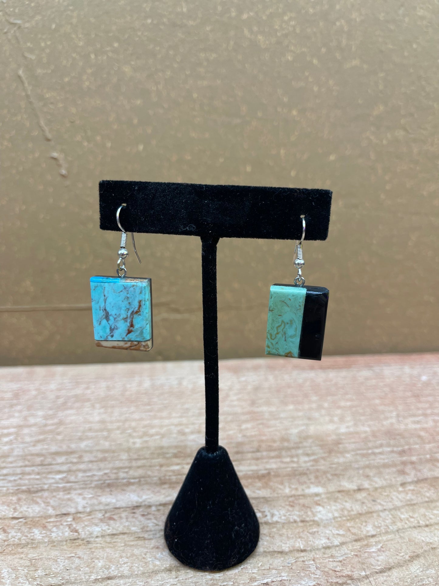 Santo Domingo Turquoise and Black Jet Dangle Earrings by Charles Bird