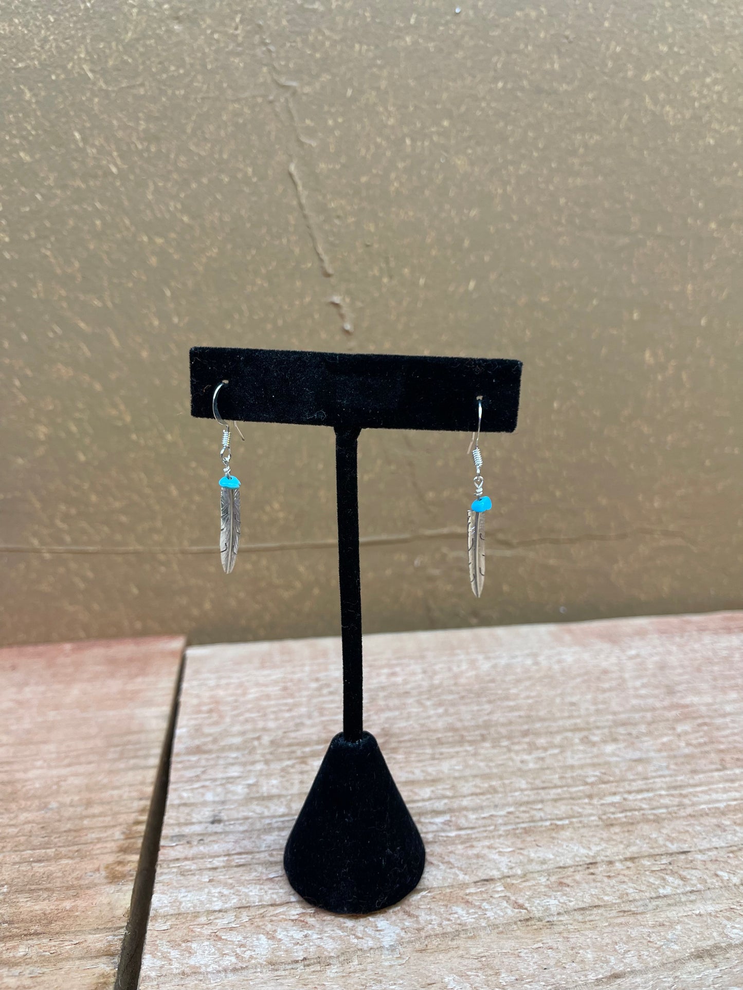 Sterling Silver Feather Dangle Earrings With Turquoise Stone