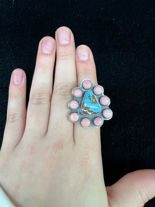 Adjustable Golden Hills Turquoise & Pink Conch Shell Ring